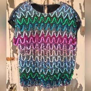 Multicolored Sequined Cap Sleeve Top, Size Large-read full description